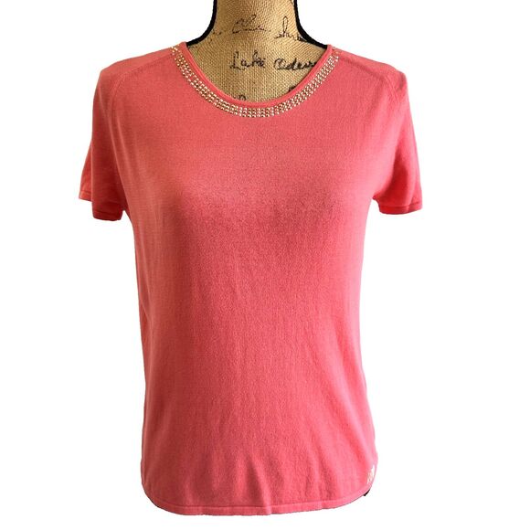 VDP Collection Coral Women's Rhinestone Scoop Neck Short Sleeve Sweater Top Sz M - Picture 3 of 15